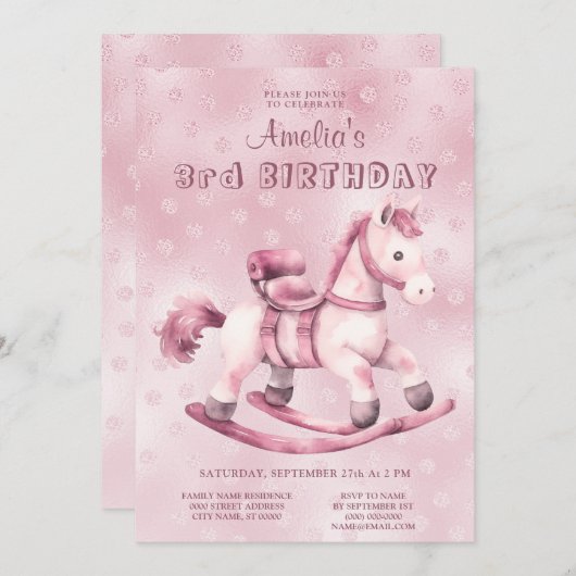 Roze schommelpaard verjaardag kaart (Voorkant / Achterkant)