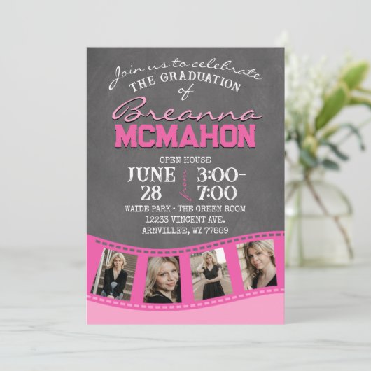 Roze schoolbord filmstrip 5 foto afstuderen kaart (Staand voorkant)
