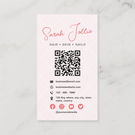 Roze Schoonheidssalon Scannable QR Code Foto Visitekaartje (Achterkant)