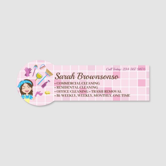 Roze schoonmaakpersoneel aangepaste cartoon schoon naamplaatje (Voorkant)