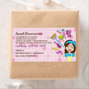 Roze Schoonmaakvrouw Aangepaste Cartoon Schoonmaak Etiket