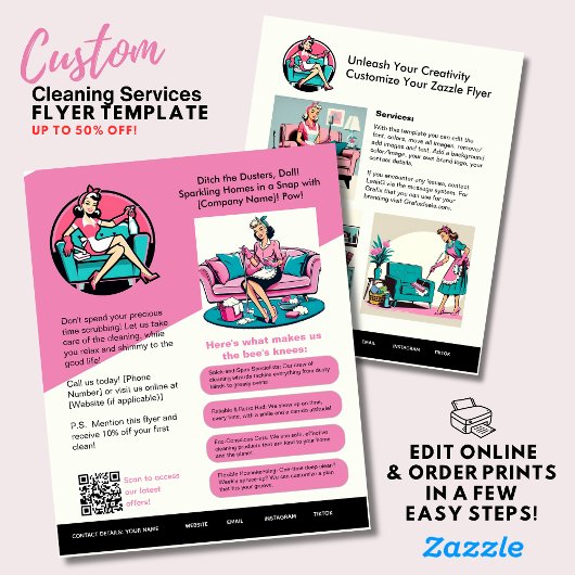 ⭐️Roze Schoonmakende Bedrijfs Flyer Sjabloon Retro