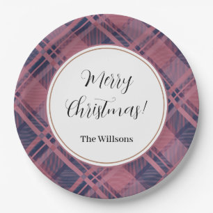 Roze Schotse Dame Tartan Patroon Prettig Kerstfees Papieren Bordje