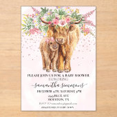 Roze Schotse Hooglanders Bloemen Baby Shower Acryl Uitnodigingen (Voorkant)