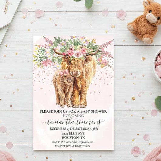 Roze Schotse Hooglanders Bloemen Baby Shower Acryl Uitnodigingen
