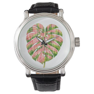 Roze Schotse Monstera Waterverf Botanisch Tartan Horloge