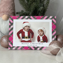 Roze Schotse Ruit Kerst Foto Kaart voor Familie
