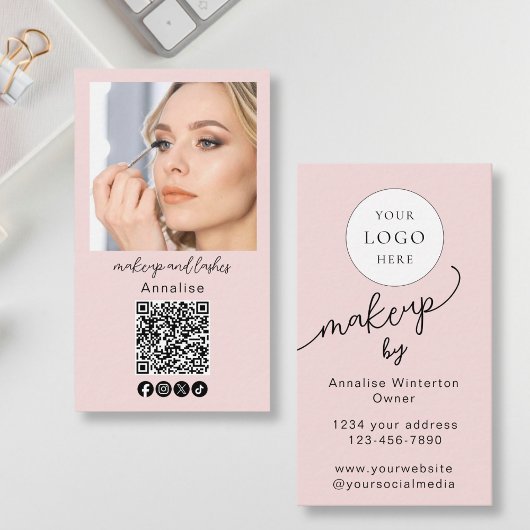Roze Schrift Logo QR Code Foto Make-up Visitekaartje