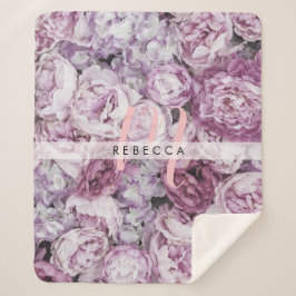 Roze Schrift Monogram Pioenrozen Bloemen Sherpa Deken