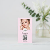 Roze Schrift Sociale Icoon QR Code Foto Make-up Visitekaartje (Staand voorkant)