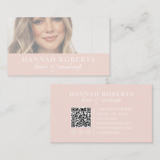 Roze Schrift Sociale QR Code Foto Haar Make-up Visitekaartje (Voorkant / Achterkant)