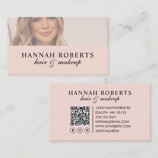 Roze Schrift Sociale QR Code Foto Haar Make-up Visitekaartje (Voorkant / Achterkant)