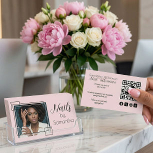 Roze Schrift Sociale QR Code Foto Nagel Tech Visitekaartje
