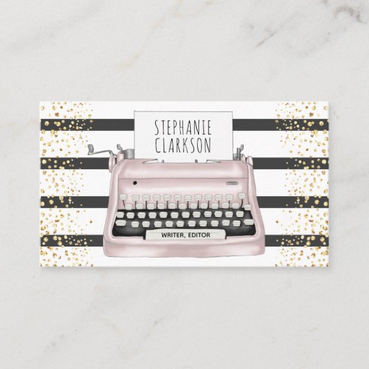 Roze schrijfmachine stripes Gold Glitter Writer Ed Visitekaartje (Voorkant)
