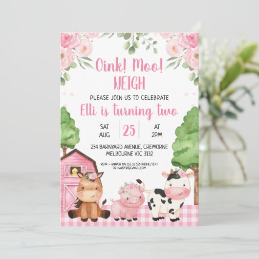 Roze Schuur Bloemen Boerderij Oink Baa Neigh Verja Kaart (Staand voorkant)