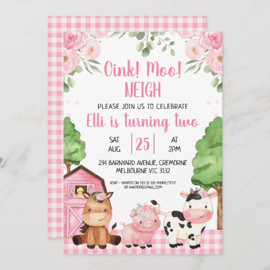 Roze Schuur Bloemen Boerderij Oink Baa Neigh Verja Kaart (Voorkant / Achterkant)