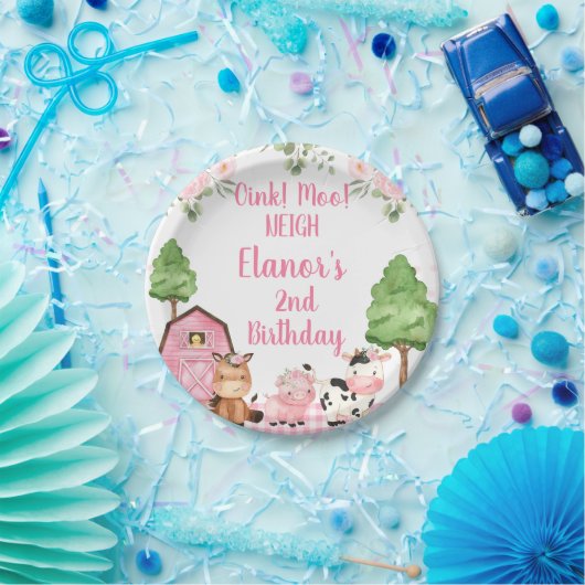 Roze Schuur Bloemen Boerderij Oink Baa Neigh Verja Papieren Bordje (Feest)