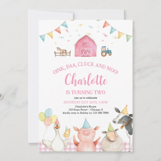 Roze Schuur Boerderij Dieren Barnyard Meisje 2e Ve Kaart (Voorkant)