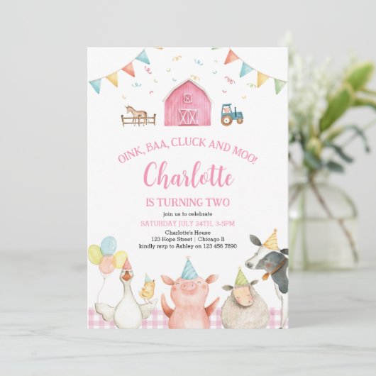 Roze Schuur Boerderij Dieren Barnyard Meisje 2e Ve Kaart (Staand voorkant)