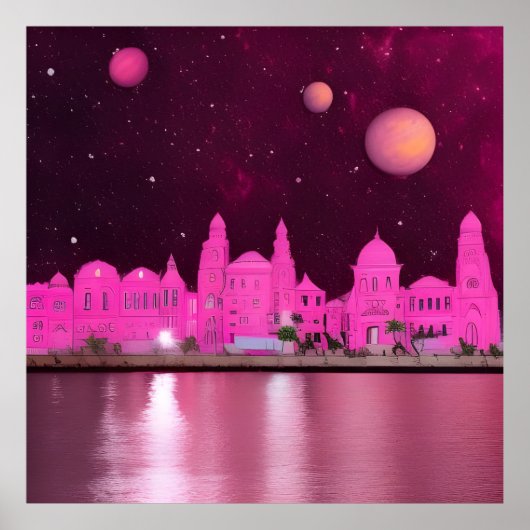 Roze Science Fantasy City Poster (Voorkant)