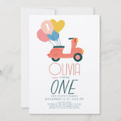 Roze Scooter Ballonnen Meisje 1e Verjaardag Kaart (Voorkant)