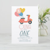 Roze Scooter Ballonnen Meisje 1e Verjaardag Kaart (Staand voorkant)