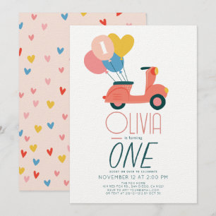 Roze Scooter Ballonnen Meisje 1e Verjaardag Kaart