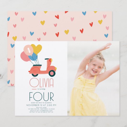 Roze Scooter Ballonnen Meisje Verjaardag Foto Kaart (Voorkant / Achterkant)