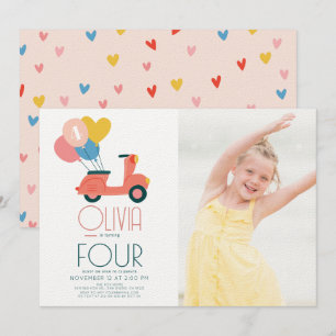 Roze Scooter Ballonnen Meisje Verjaardag Foto Kaart