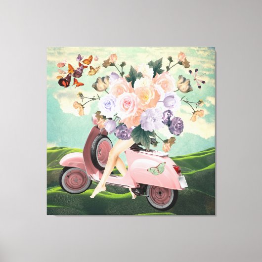 Roze scooterpoten Bouquet & Sky Retro Collage Canvas Afdruk (Voorkant)