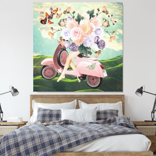 Roze scooterpoten Bouquet & Sky Retro Collage Canvas Afdruk (Insitu (Slaapkamer))