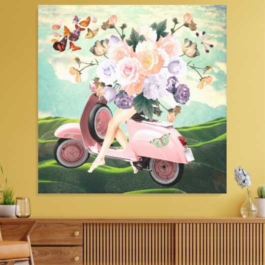 Roze scooterpoten Bouquet & Sky Retro Collage Canvas Afdruk (Insitu (Woonkamer))