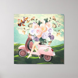 Roze scooterpoten Bouquet & Sky Retro Collage Canvas Afdruk