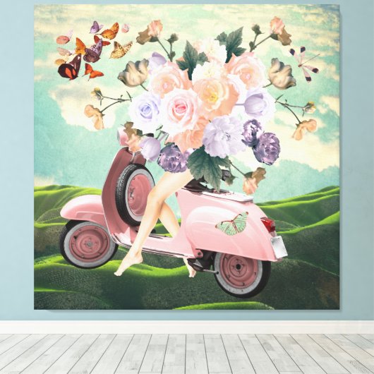 Roze scooterpoten Bouquet & Sky Retro Collage Canvas Afdruk (Insitu (Houten vloer))
