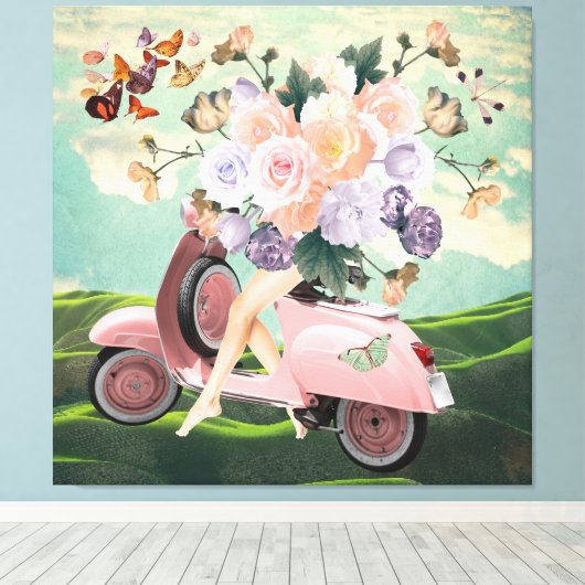 Roze scooterpoten Bouquet & Sky Retro Collage Canvas Afdruk (Insitu (Houten vloer))