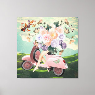 Roze scooterpoten Bouquet & Sky Retro Collage Canvas Afdruk