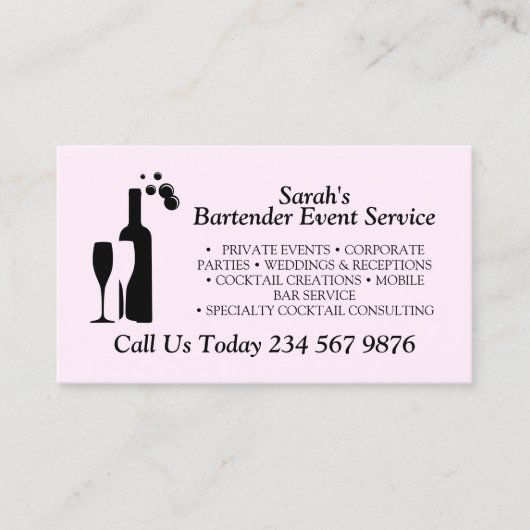 Roze Script Cocktail Barman Service Visitekaartje (Voorkant)