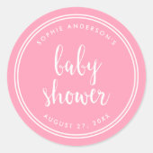Roze script en White Stripes Baby shower Ronde Sticker (Voorkant)