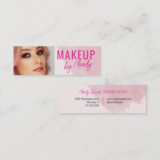 Roze Script Foto Waterverf Make-up Mini Visitekaartje (Voorkant / Achterkant)