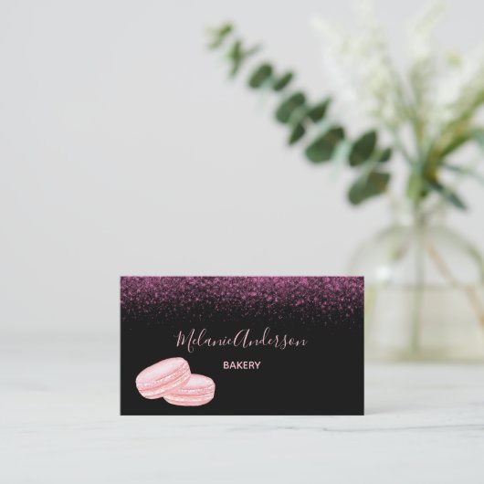 Roze Script Glitter Macarons Bakery Visitekaartje (Staand voorkant)