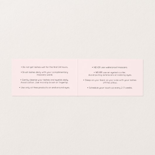 Roze script kalligrafie nazorginstructies visitekaartje (Binnenkant ongevouwen)