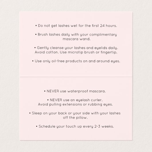 Roze script kalligrafie nazorginstructies visitekaartje (Binnenkant ongevouwen)