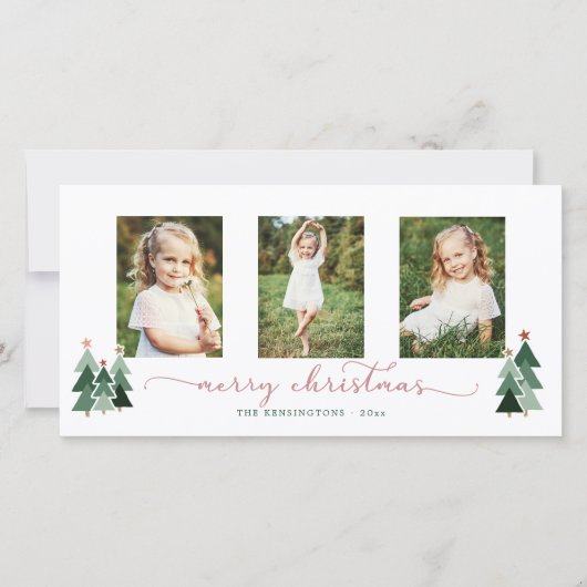 Roze Script Kerstbomen 3 Foto Feestdagenkaart (Voorkant)