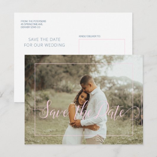 Roze script lente bloemenfoto save date bruiloft aankondigingskaart (Voorkant / Achterkant)