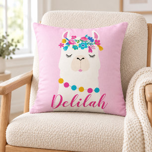 Roze Script Llama Monogram Slaapkamer Kussen