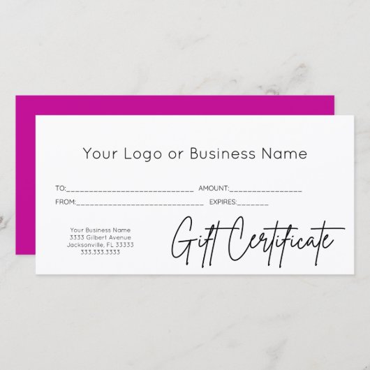 Roze Script Logo Business Cadeaubon (Voorkant / Achterkant)