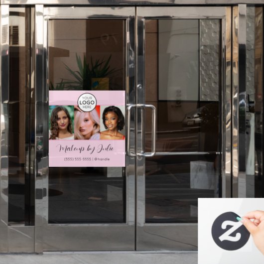 Roze Script Logo en Drie Foto Make-up Studio Raamsticker (Kantoordeur)