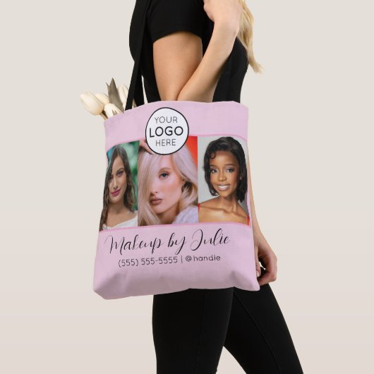 Roze Script Logo en Drie Foto Make-up Studio Tote Bag (Dichtbij)