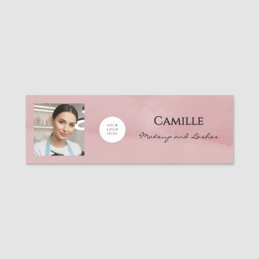 Roze Script Logo Foto Make-up en Wimper Naamplaatje (Voorkant)