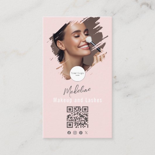 Roze Script Logo QR Code Foto Make-up Visitekaartje (Voorkant)